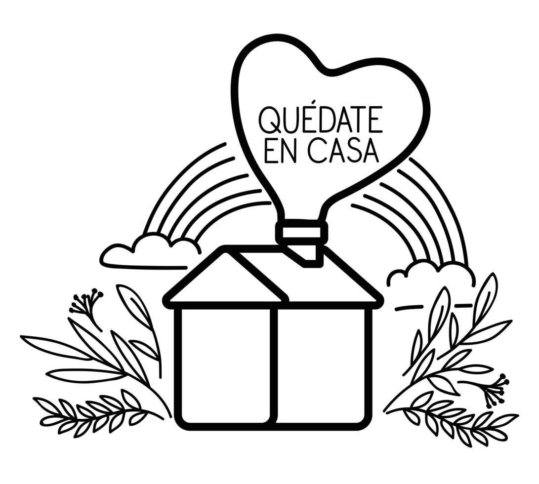 quedate en casa texte avec coeur arc-en-ciel de maison et laisse la conception de vecteur