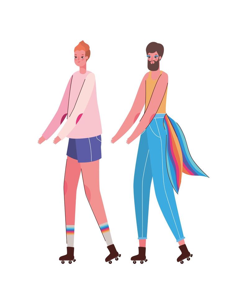 dessin animé femme et homme avec costume et conception de vecteur de drapeau lgtbi