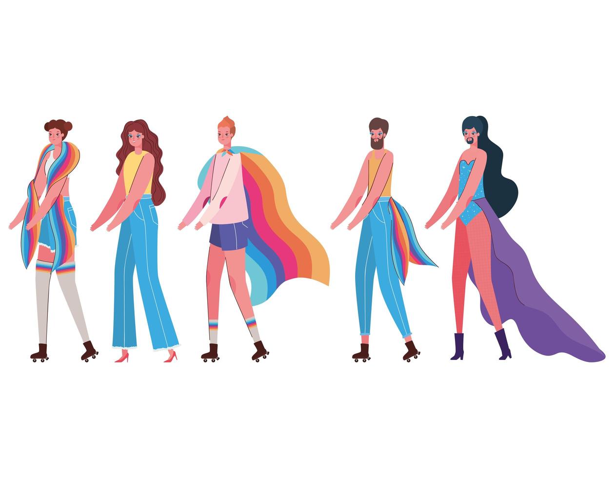 dessins animés femmes et hommes avec costumes et conception de vecteurs de drapeaux lgtbi vecteur