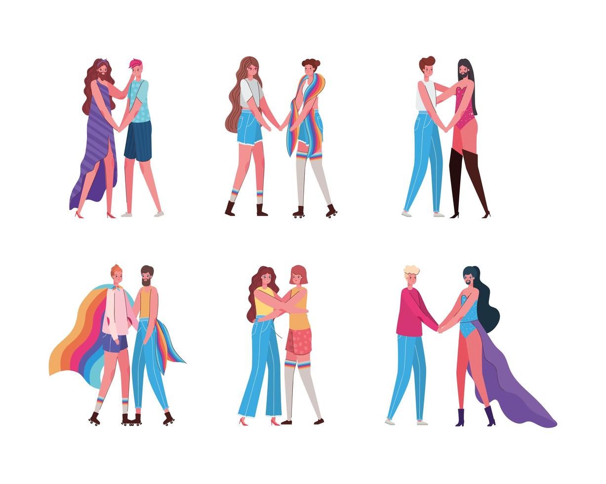 dessins animés femmes et hommes avec costumes et conception de vecteurs de drapeaux lgtbi vecteur