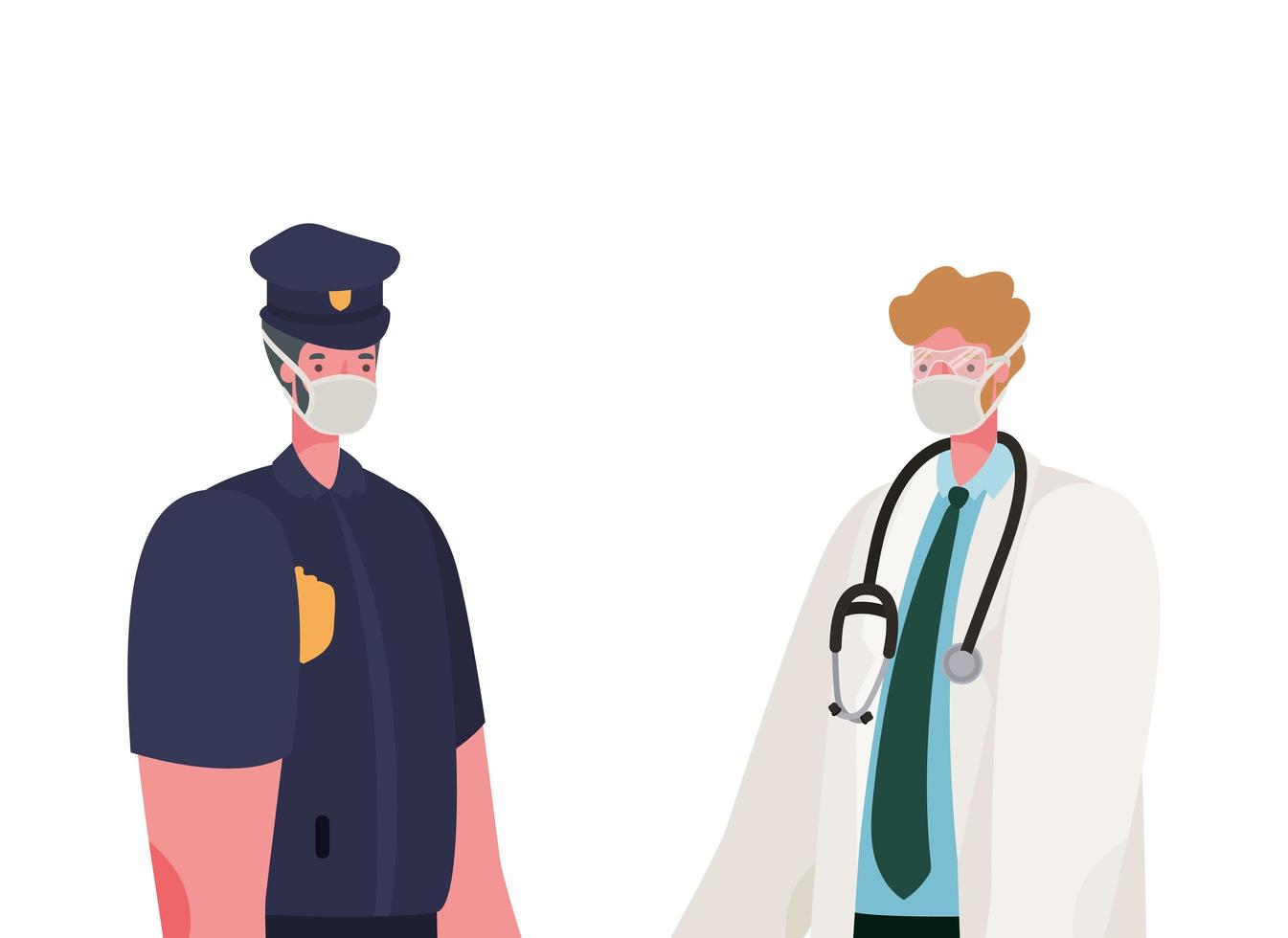 Homme médecin et policier isolé avec des masques vector design