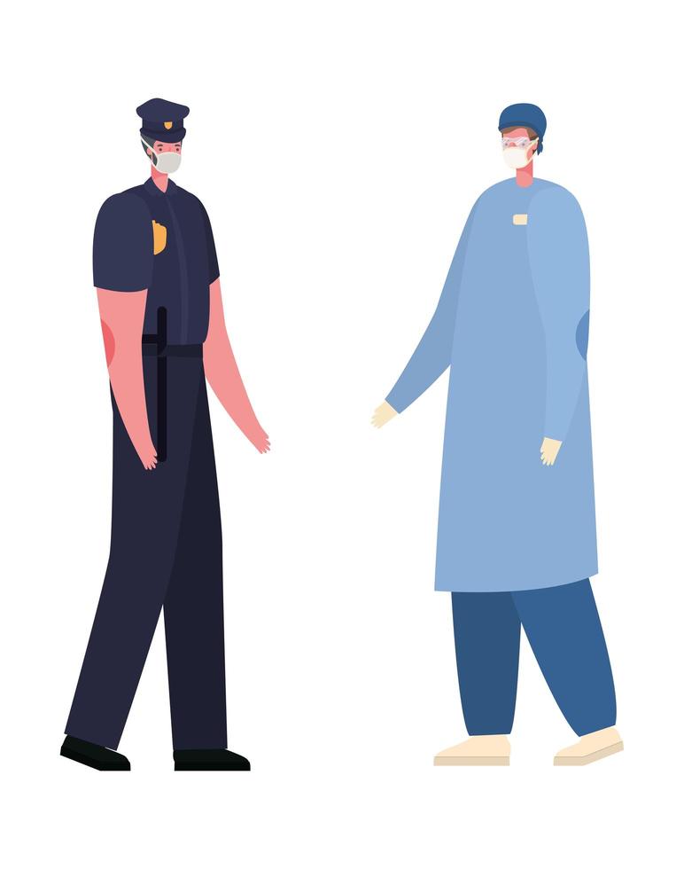 Homme médecin et policier isolé avec des masques vector design