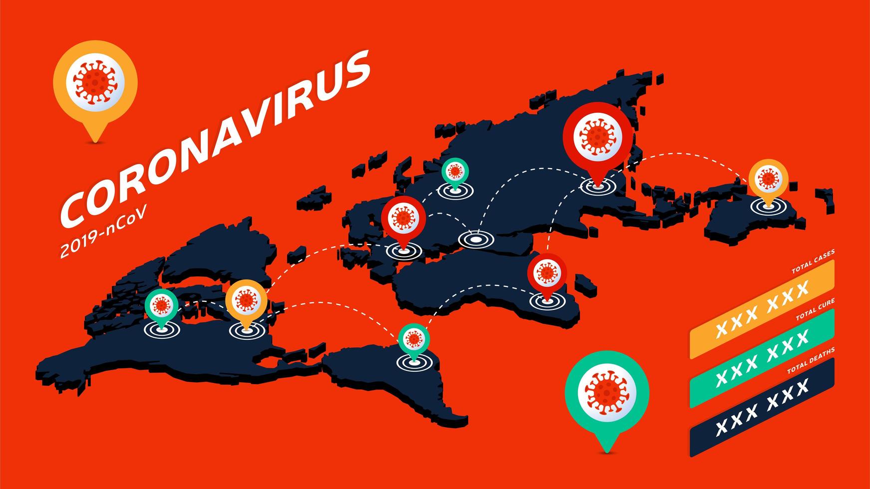 covid-19, covid 19 carte du monde isométrique cas confirmés, guérison, décès rapport dans le monde entier. Mise à jour de la situation de la maladie à coronavirus 2019 dans le monde. les cartes montrent la situation et l'arrière-plan des statistiques vecteur