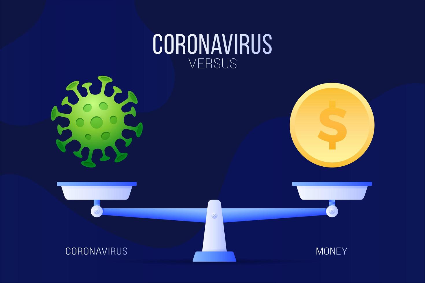 coronavirus ou illustration vectorielle de l & # 39; argent économique. concept créatif d'échelles et contre, d'un côté de l'échelle se trouve un virus covid-19 et de l'autre icône de pièce d'argent. illustration vectorielle plane. vecteur