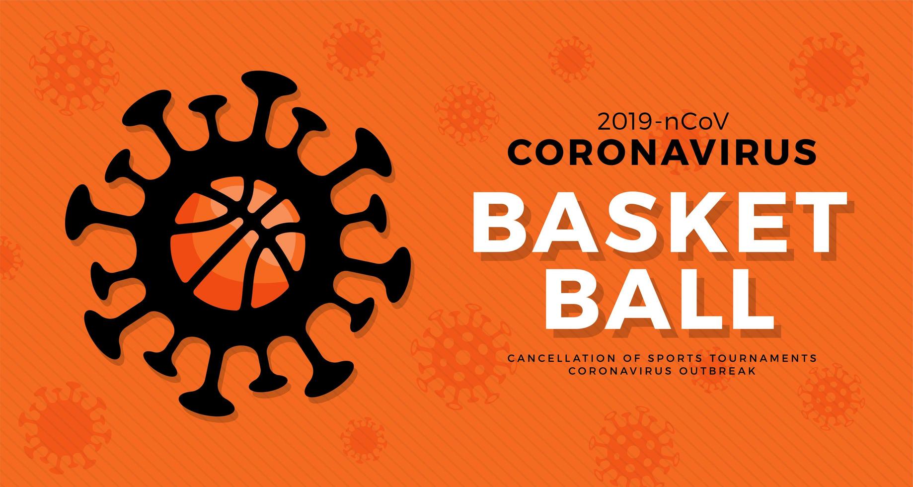 basket-ball vecteur bannière attention coronavirus. arrêter l'épidémie de 2019-ncov. danger de coronavirus et risque de maladie pour la santé publique et épidémie de grippe. annulation du concept d'événements sportifs et de matchs