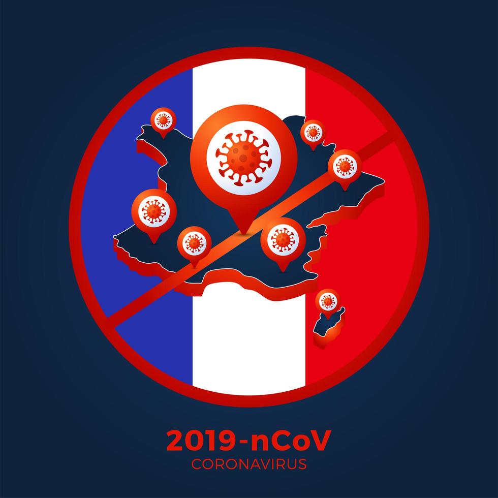 drapeau france carte isométrique signe attention coronavirus. arrêter l'épidémie de 2019-ncov. danger de coronavirus et risque de maladie pour la santé publique et épidémie de grippe. concept médical pandémique. illustration vectorielle. vecteur