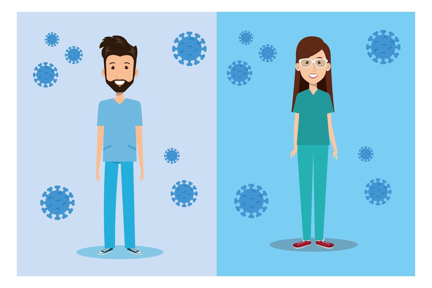 travailleurs de la santé avec des icônes de coronavirus vecteur