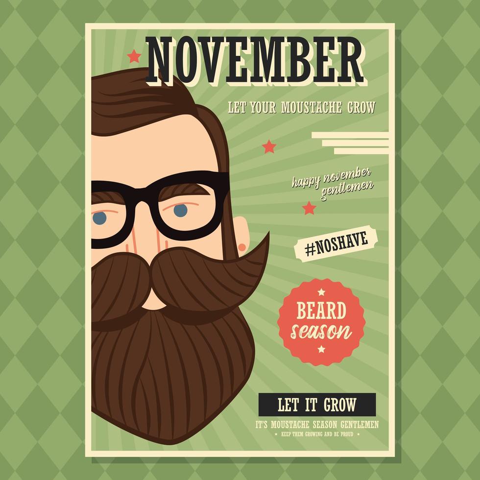 conception d'affiche de novembre sans rasage avec homme hipster avec barbe et moustache vecteur