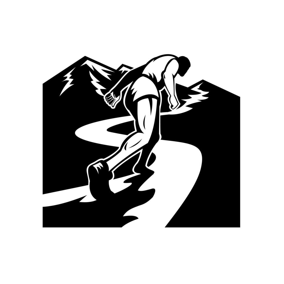 coureur de marathon en cours d'exécution en montagne noir et blanc vecteur