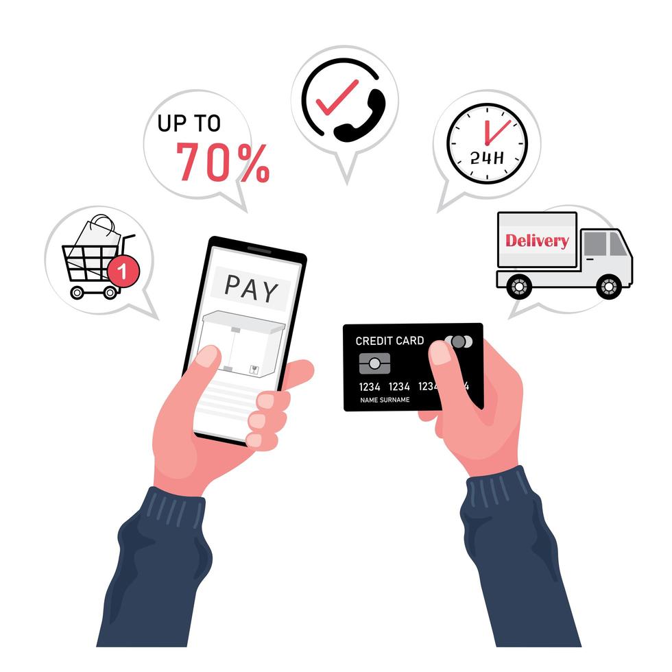 Une caricature de paiement par carte de crédit montrant des mains tenant un téléphone mobile et une carte pour acheter des marchandises vecteur