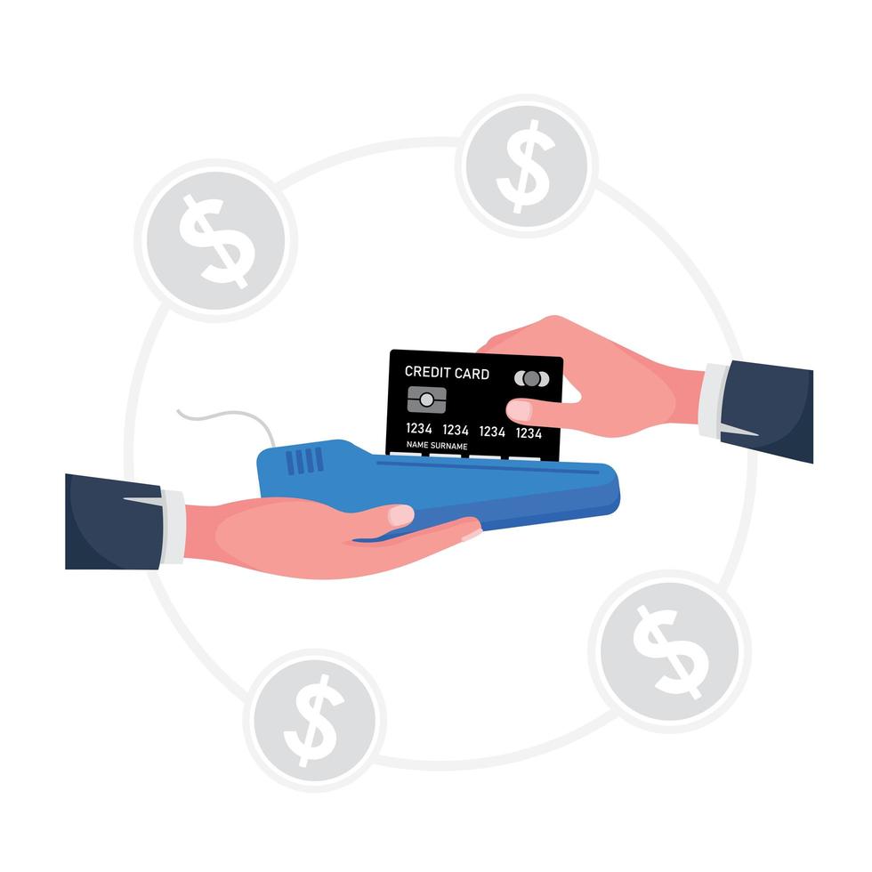 une caricature montrant une carte de crédit à glisser avec une machine à tenir la main tandis que l'autre main tient une carte vecteur