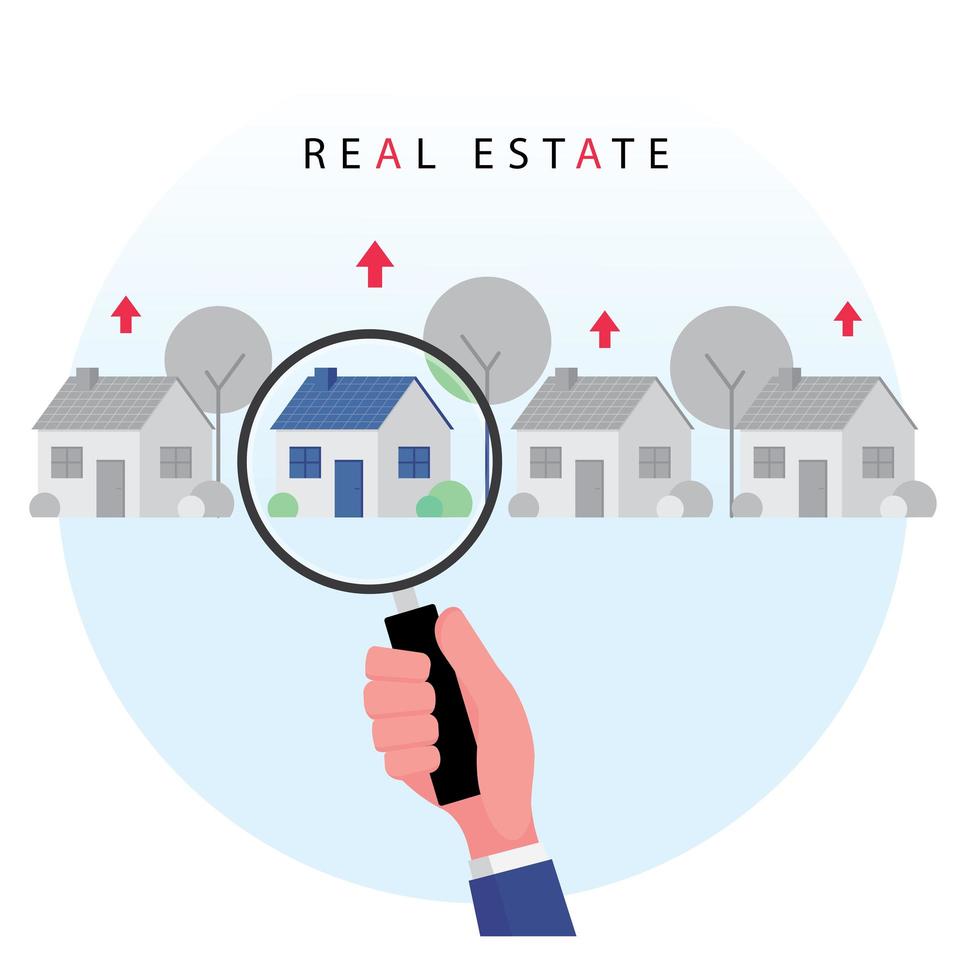 Entreprise immobilière avec main tenant une loupe pour rechercher une propriété ou une maison à vendre vecteur