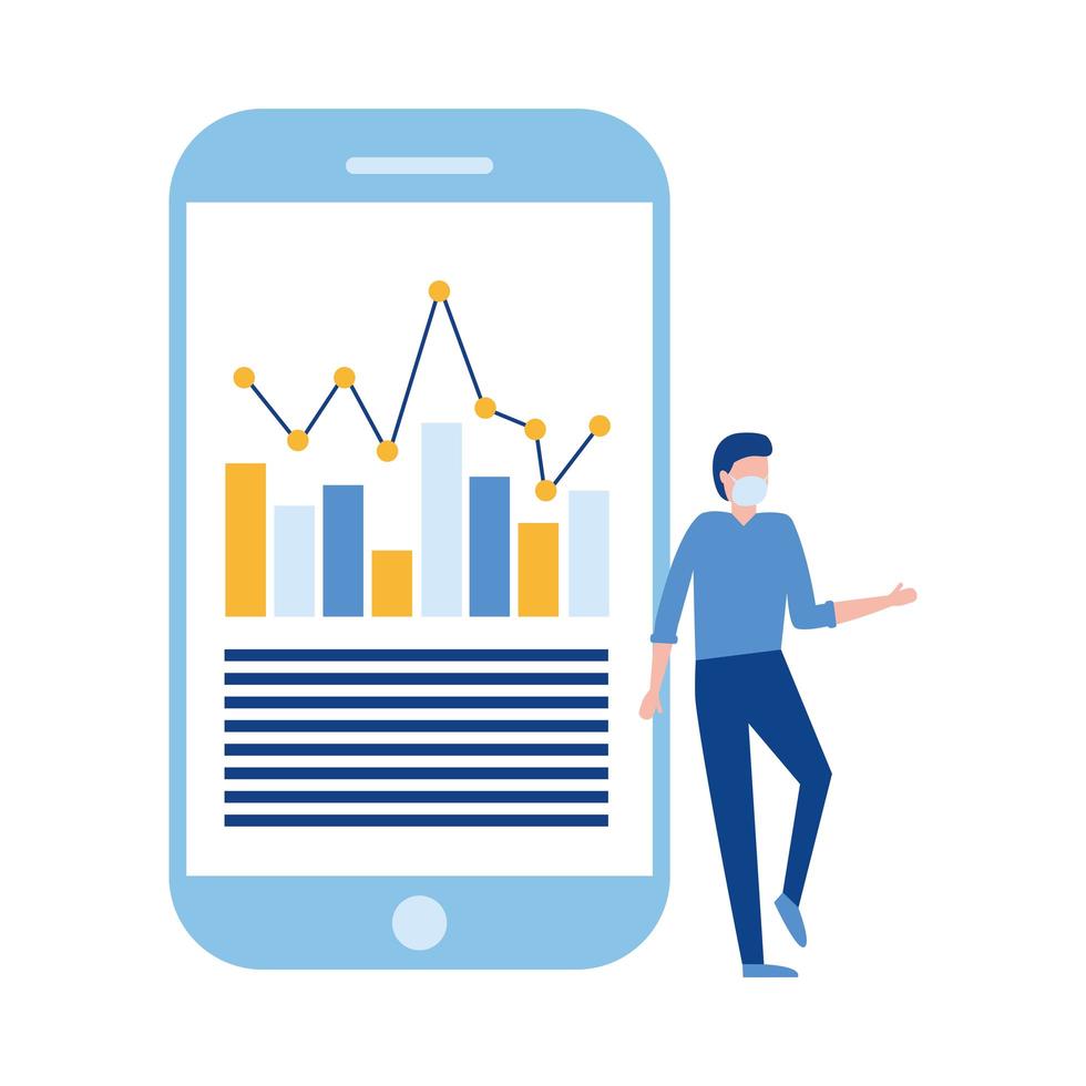 homme avec masque et infographie sur la conception de vecteur de smartphone