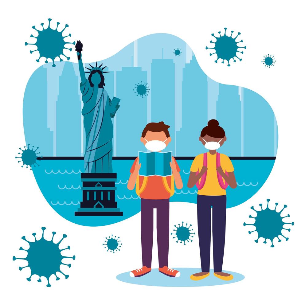 femme et homme avec masque à new york city vector design