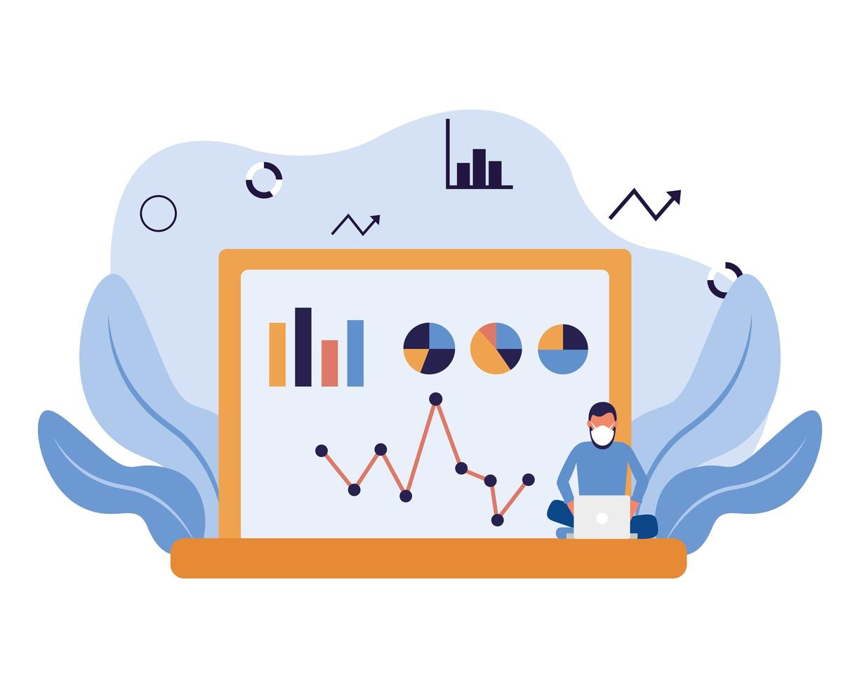 homme avec masque et infographie sur la conception de vecteur d & # 39; ordinateur portable