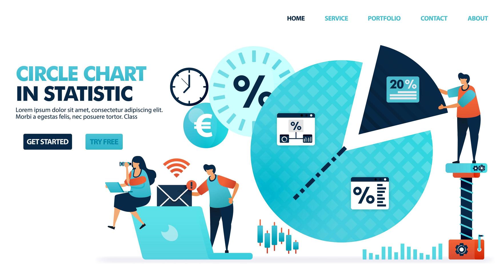 cercle ou camembert pour les statistiques, l'analyse, la stratégie de planification marketing. idées d'affaires dans le rapport d'examen de l'entreprise présentation des bénéfices annuels. illustration humaine pour site Web, applications mobiles, affiche vecteur