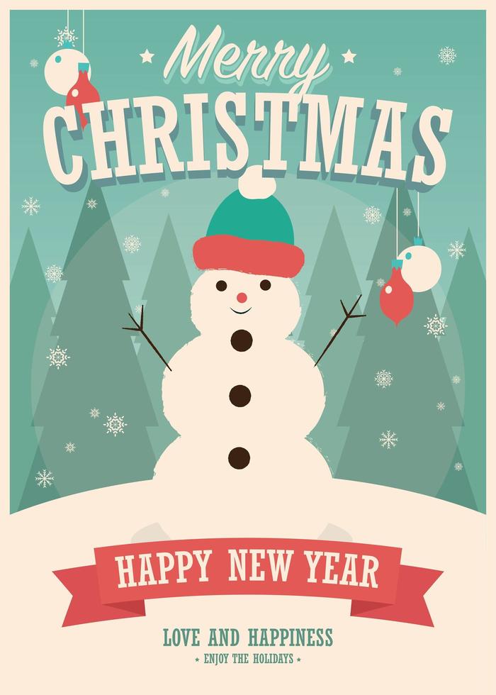 joyeux noël carte avec bonhomme de neige sur fond d'hiver vecteur