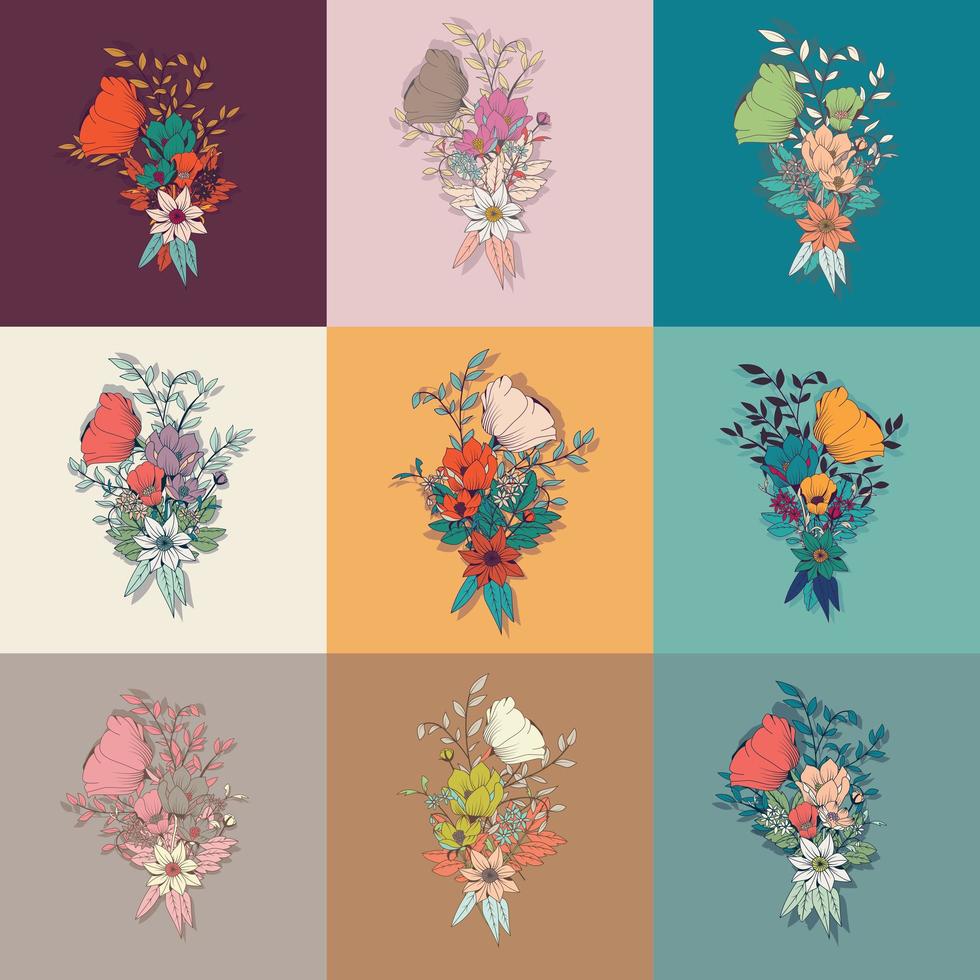 bouquet de fleurs, ensemble d'éléments dessinés à la main de décoration botanique et florale vecteur
