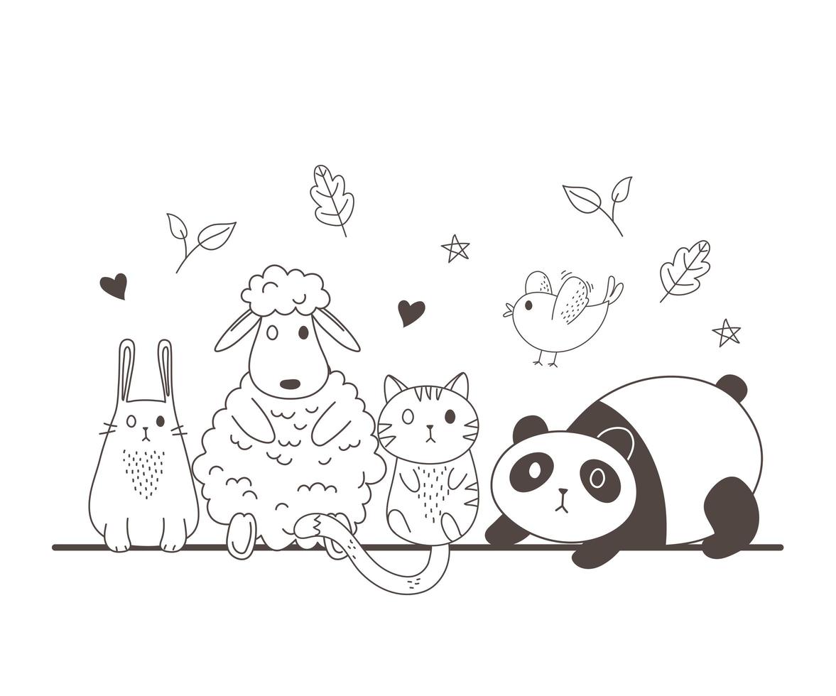 animaux mignons croquis faune dessin animé adorable panda mouton lapin chat et oiseau vecteur