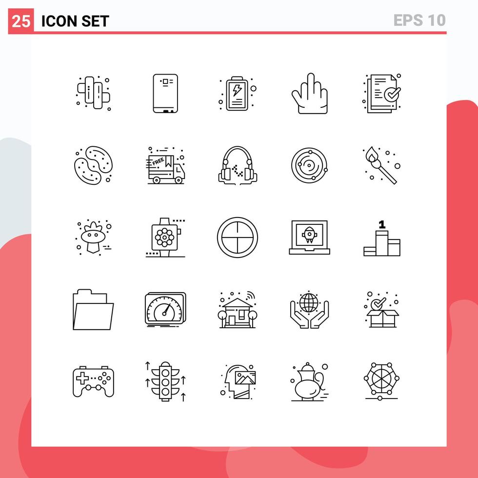 ensemble moderne de 25 lignes de pictogrammes d'éléments de conception vectoriels modifiables à la main de document de batterie de fichier de bonbons vecteur