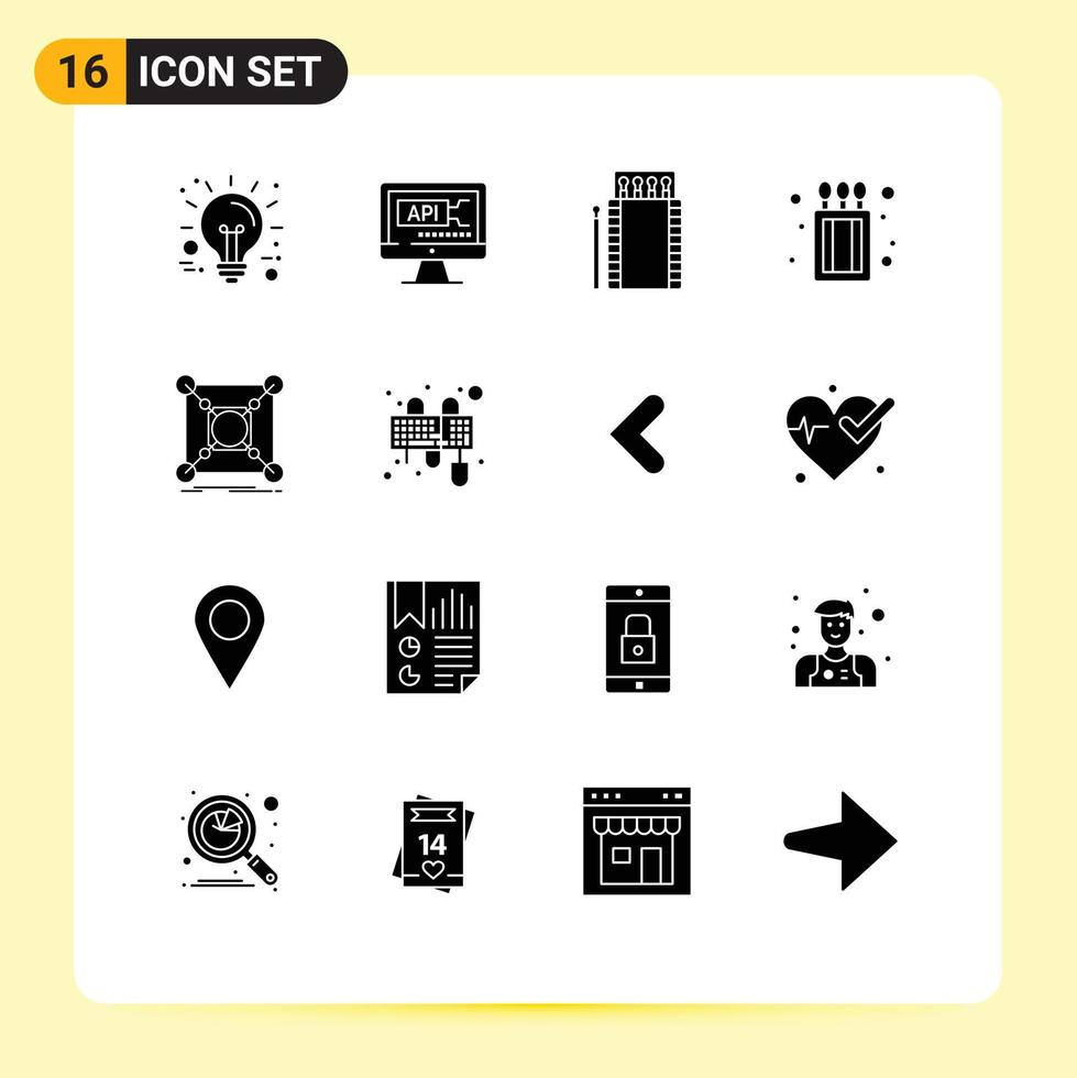 ensemble moderne de 16 pictogrammes de glyphes solides de la boîte d'allumettes centrale correspond aux éléments de conception vectoriels modifiables de la boîte à feu vecteur