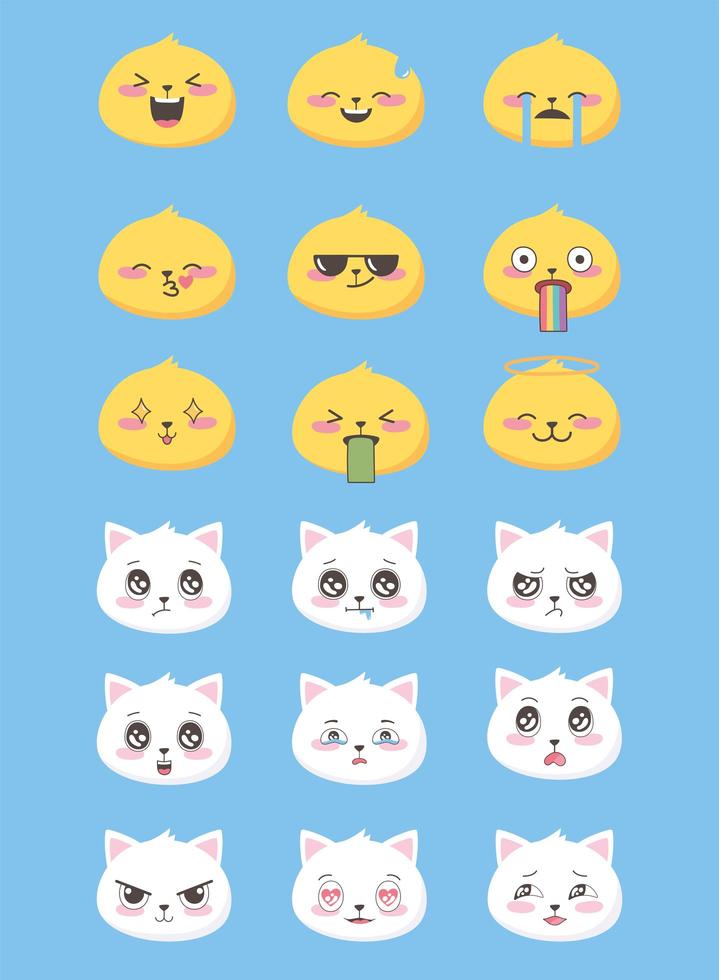 Jeu d'icônes d'émoticônes emoji style plat drôle fait face à l'expression du visage de chats vecteur