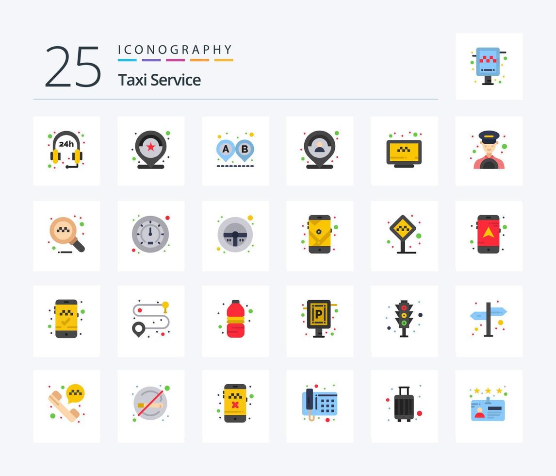 service de taxi pack de 25 icônes de couleur plate, y compris en ligne. marqueur. destination. carte. client vecteur
