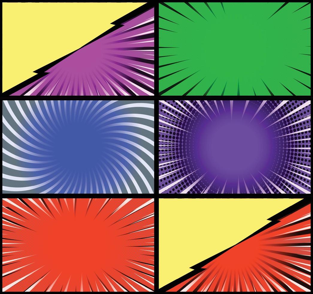 fond de cadres colorés de bande dessinée avec des rayons de demi-teintes effets radiaux et pointillés style pop art vecteur