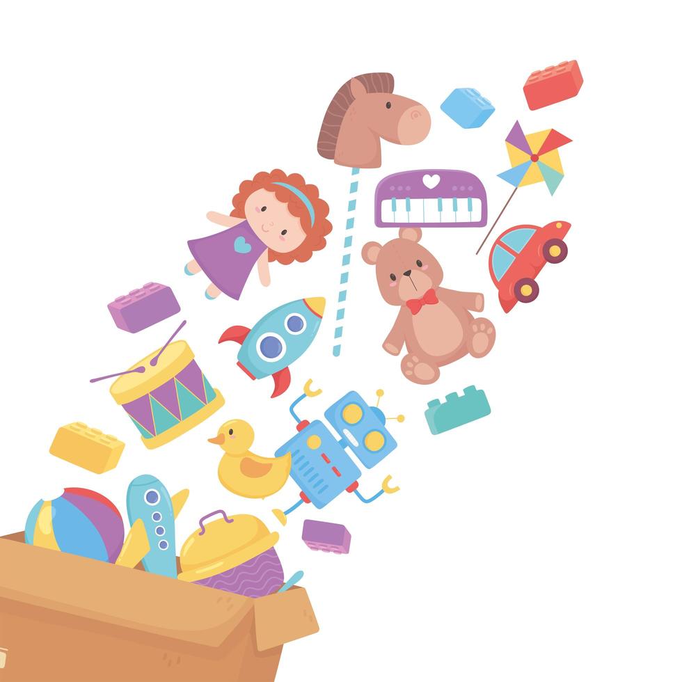 Chute de jouets dans un objet de boîte en carton pour que les petits enfants jouent au dessin animé vecteur
