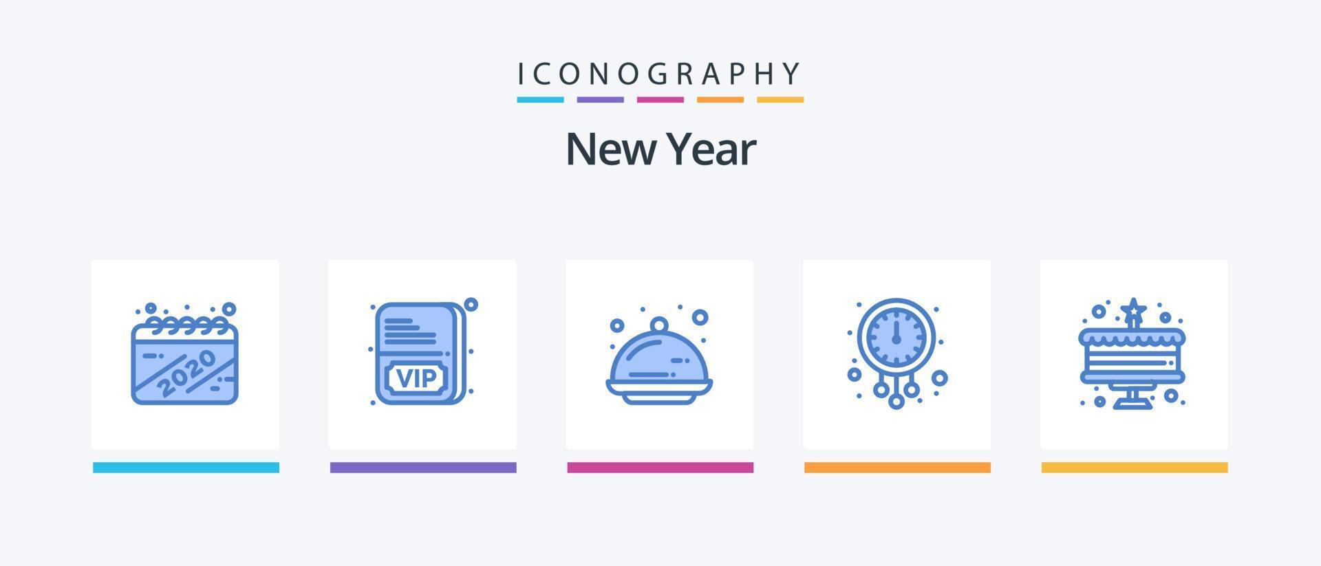 pack d'icônes bleu 5 du nouvel an, y compris le gâteau. temps. nourriture. nouvelle année. l'horloge. conception d'icônes créatives vecteur