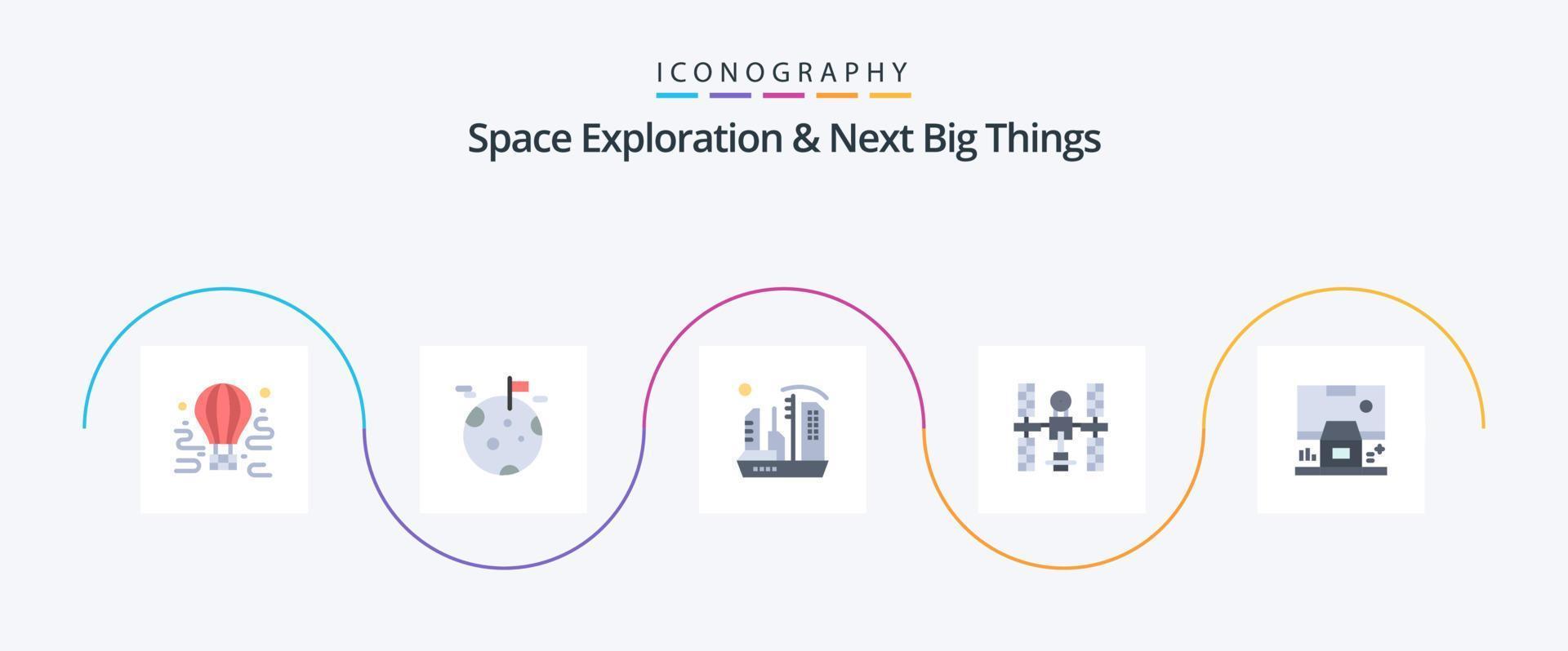 exploration de l'espace et pack d'icônes plat 5 prochaines grandes choses, y compris le satellite. orbital. espace. complexe. dôme vecteur