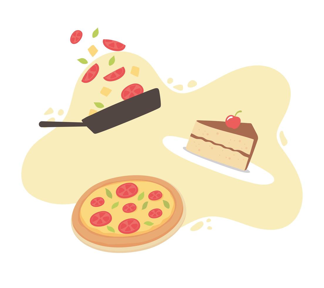 pizza gâteau morceau de nourriture et casserole avec dessin animé alimentaire vecteur