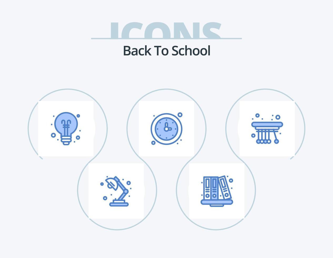 pack d'icônes bleues de retour à l'école 5 conception d'icônes. mouvement. minuteur. ampoule. temps. l'horloge vecteur