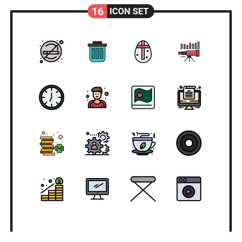 interface mobile ligne remplie de couleurs plates ensemble de 16 pictogrammes de prévision télescope conteneur vacances oeuf éléments de conception vectoriels créatifs modifiables vecteur