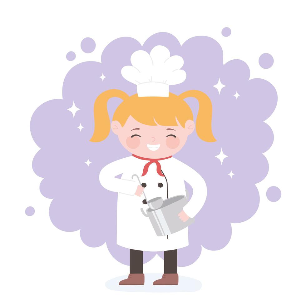 personnage de dessin animé chef fille avec pot et louche vecteur