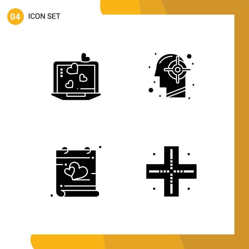 ensemble moderne de 4 pictogrammes de glyphes solides d'éléments de conception vectoriels modifiables de calendrier d'ordinateur portable mariage coeur humain vecteur