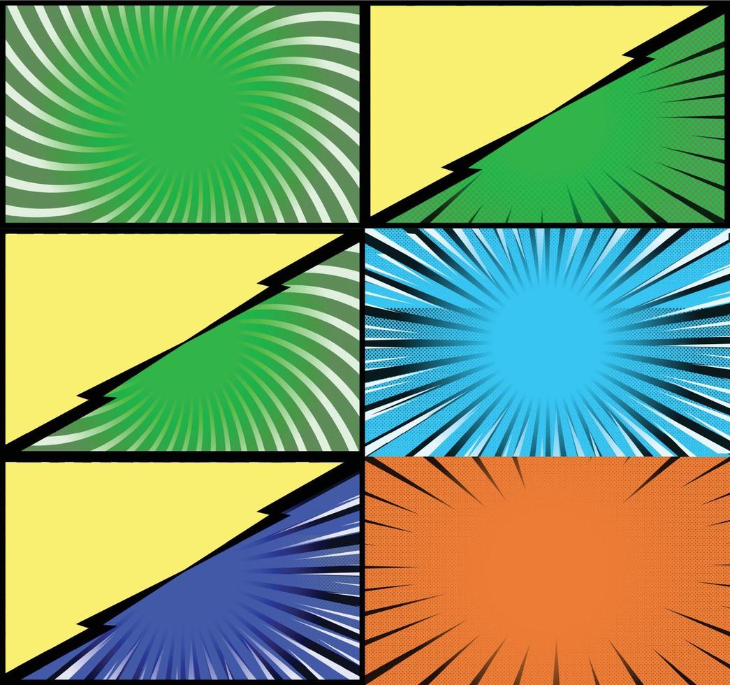 fond de cadres colorés de bande dessinée avec des rayons de demi-teintes effets radiaux et pointillés style pop art vecteur