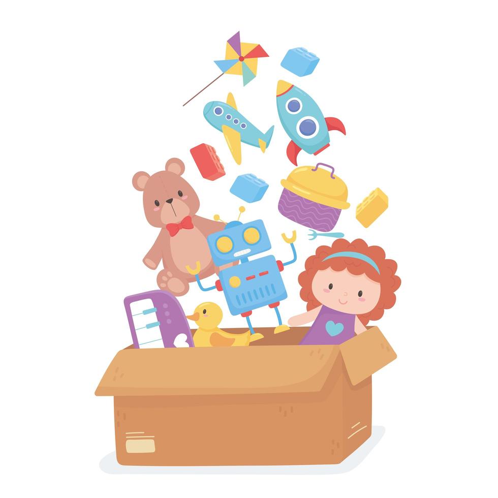 boîte en carton plein objet de jouets pour les petits enfants à jouer au dessin animé vecteur