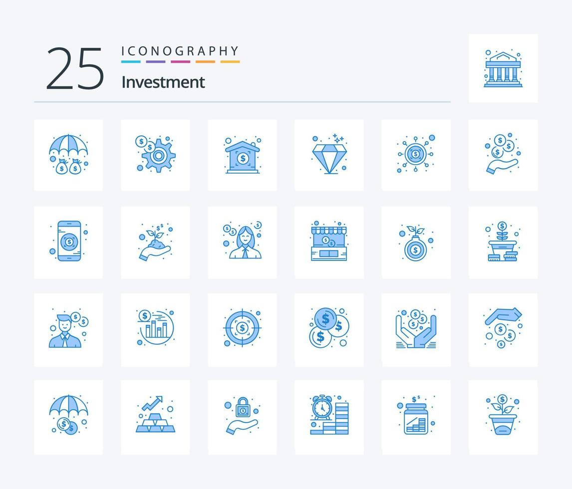 investissement 25 pack d'icônes de couleur bleue, y compris le dollar. référencement. investissement. investissement. gemme vecteur