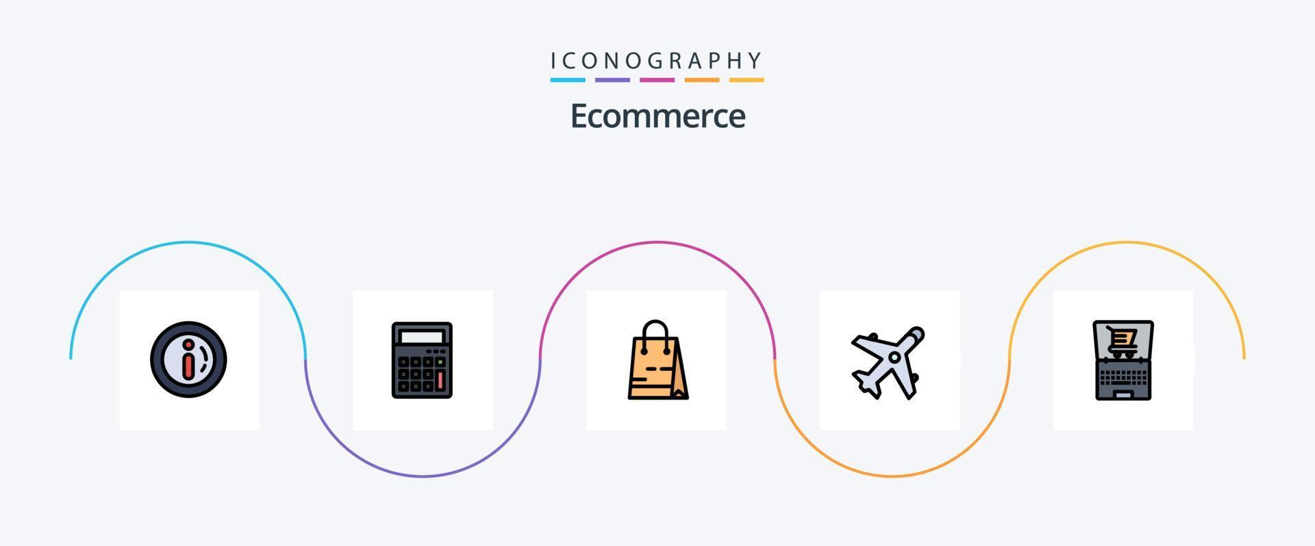 pack d'icônes plat 5 rempli de ligne de commerce électronique, y compris un ordinateur portable. achats. sac. avion. commerce électronique vecteur