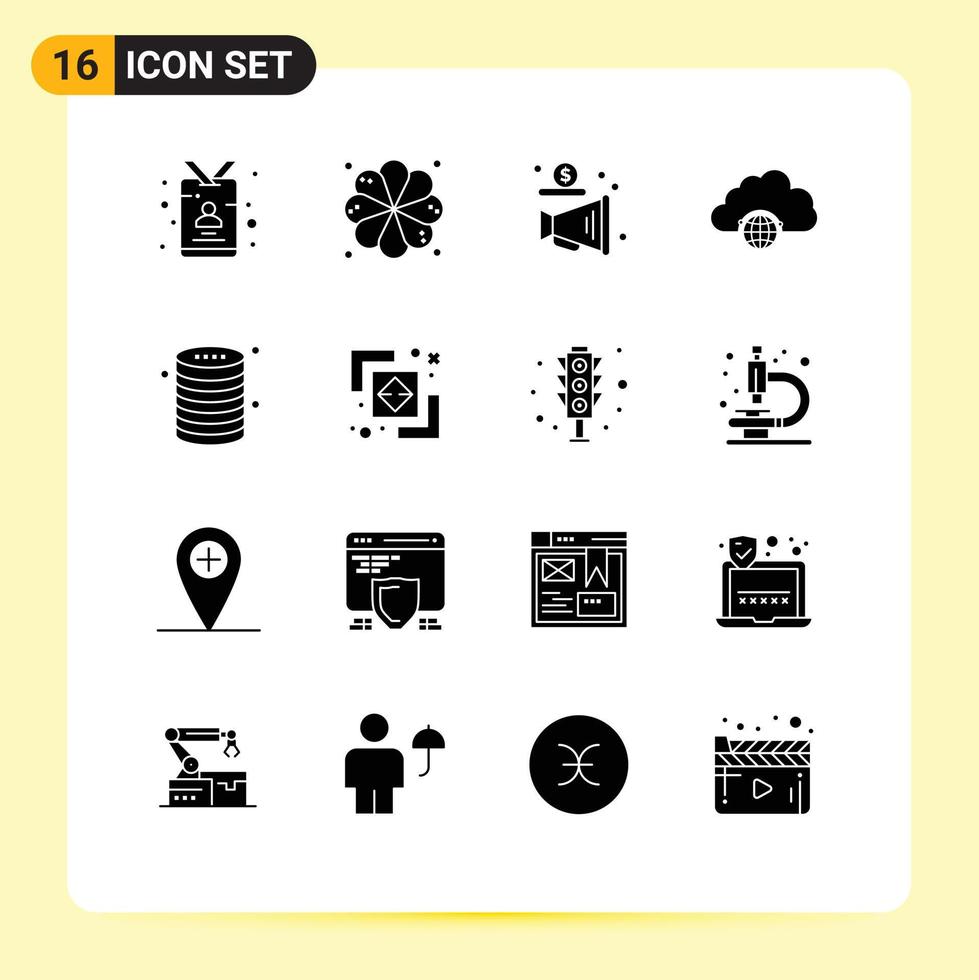 16 pack de glyphes solides de l'interface utilisateur de signes et symboles modernes du hub de cloud publicité globe réseau éléments de conception vectoriels modifiables vecteur