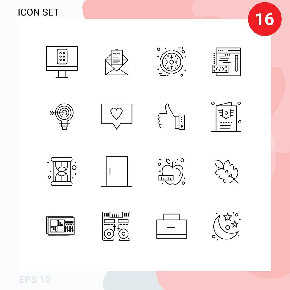 ensemble moderne de 16 contours et symboles tels que le codage Web d'entreprise cible d'objectifs éléments de conception vectoriels modifiables vecteur