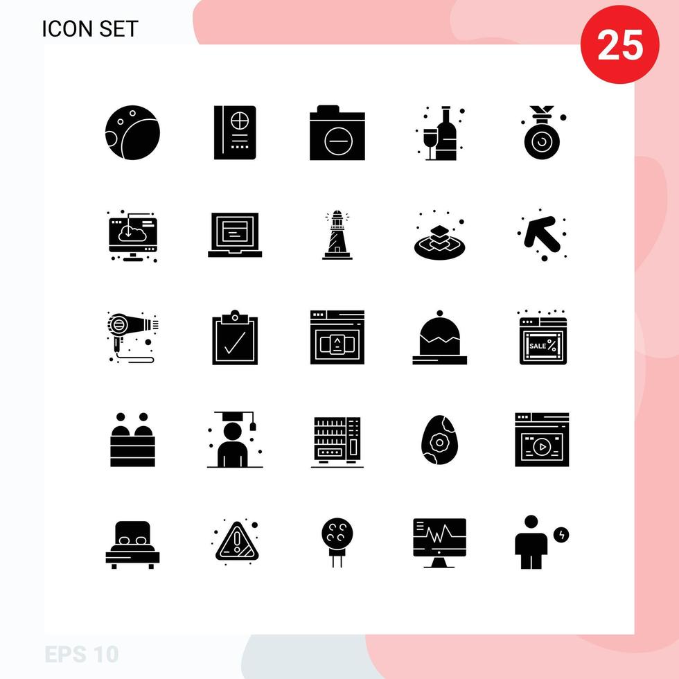 25 glyphes solides universels définis pour les applications web et mobiles gagnant du nuage erreur boisson olympique éléments de conception vectoriels modifiables vecteur