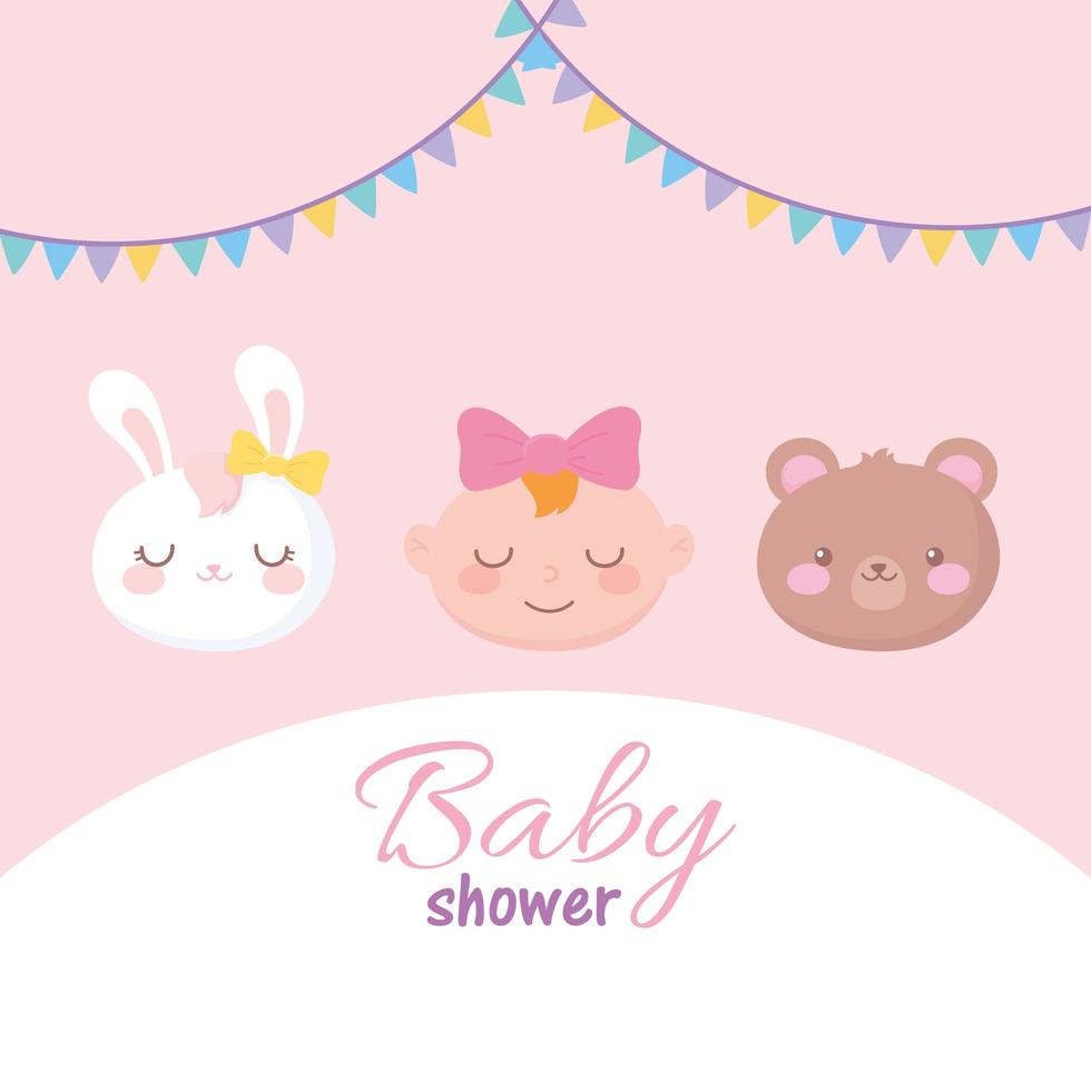 baby shower, adorables visages petite fille lapin et ours, bienvenue carte de fête nouveau-né vecteur