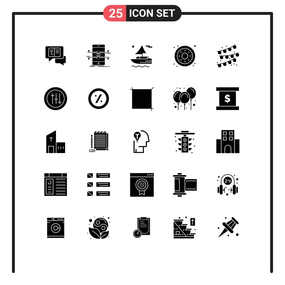 interface utilisateur pack de 25 glyphes solides de base de bonbons de décoration de fête dessert de nourriture de smartphone éléments de conception vectoriels modifiables vecteur