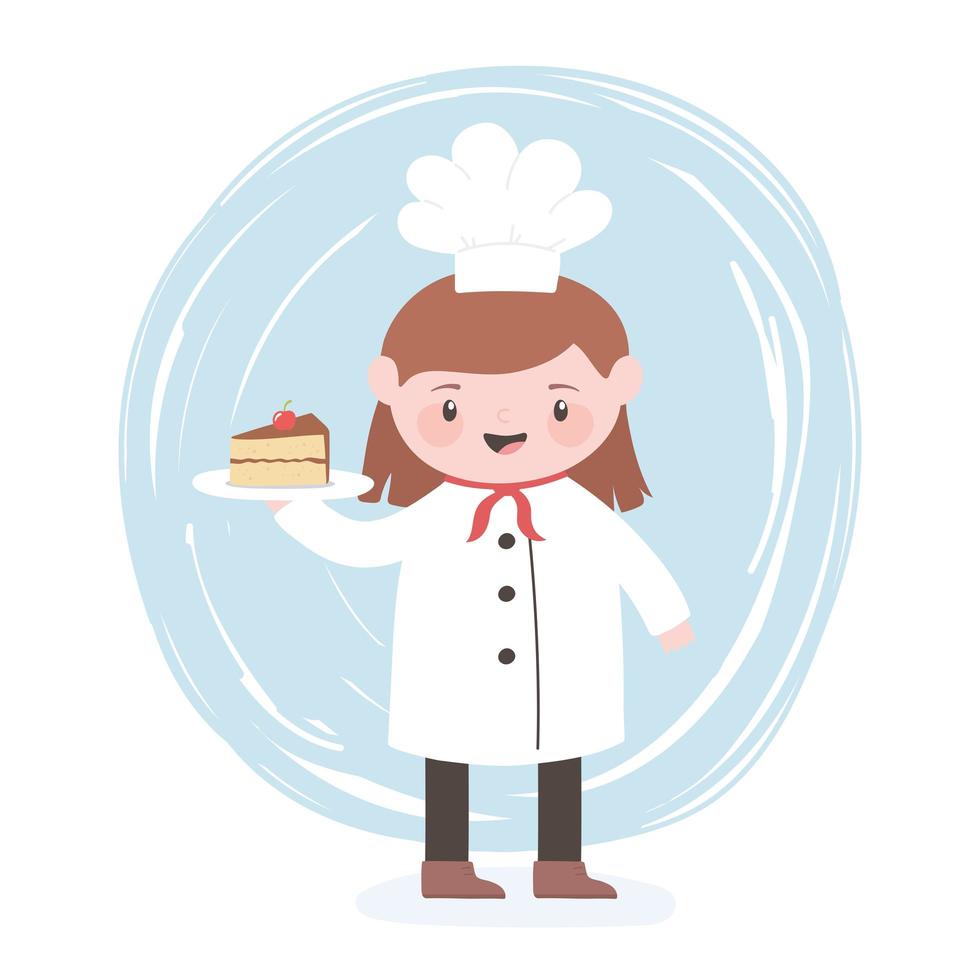 personnage de dessin animé femme chef avec tranche de gâteau dans un plat vecteur