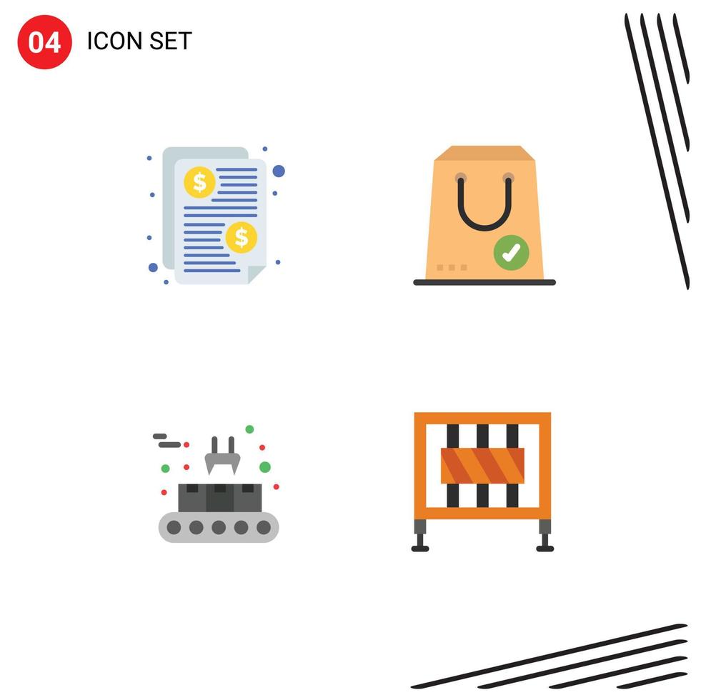 interface mobile icône plate ensemble de 4 pictogrammes de convoyeur de factures payé e production éléments de conception vectoriels modifiables vecteur