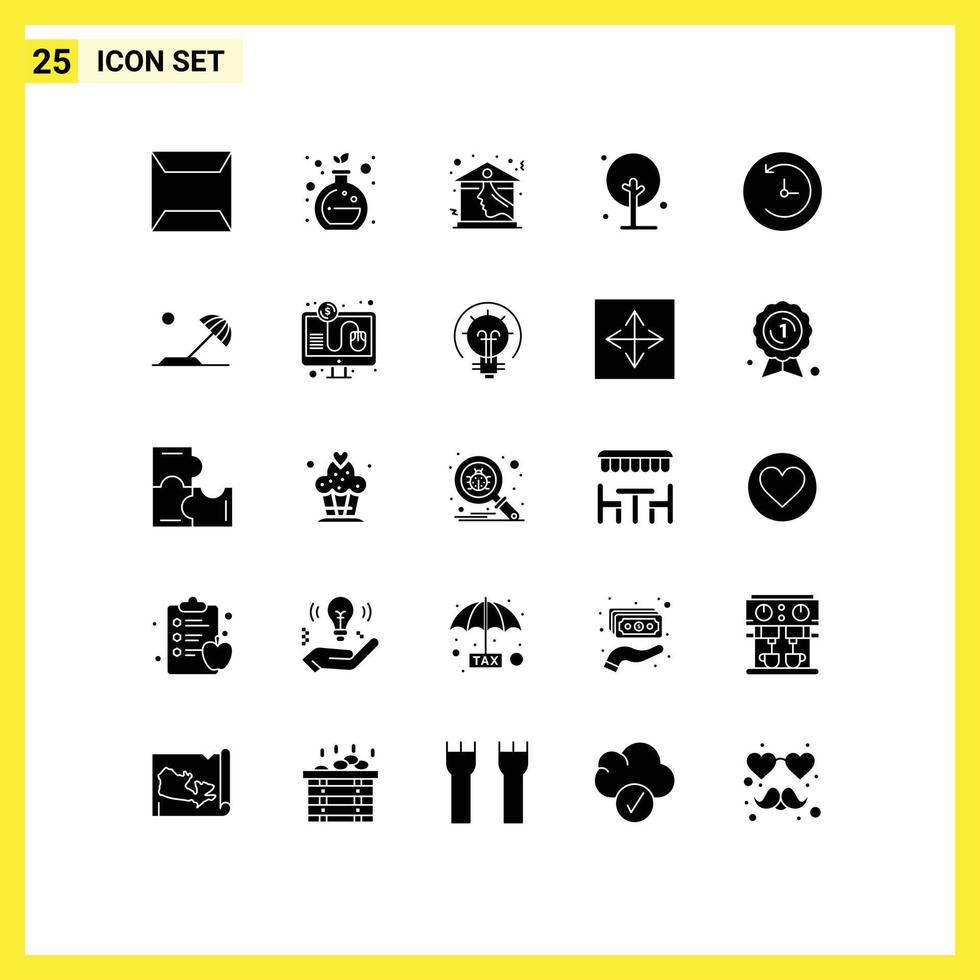 groupe de 25 signes et symboles de glyphes solides pour les éléments de conception vectoriels modifiables de l'usine de sauvegarde de l'horloge de la plage vecteur