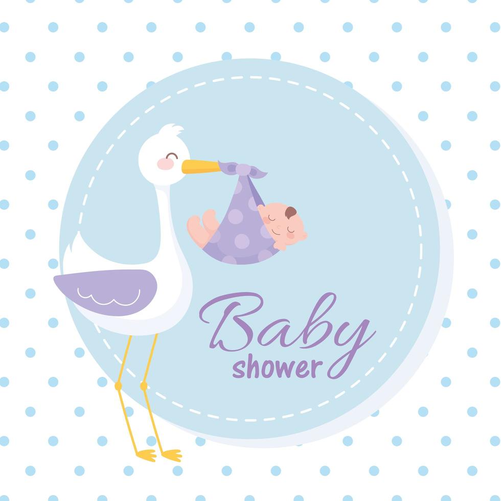 baby shower, cigogne portant un petit garçon, bienvenue carte de fête nouveau-né vecteur