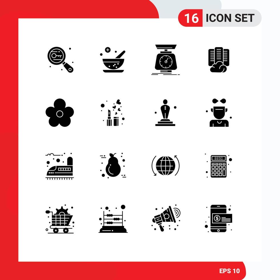 interface mobile glyphe solide ensemble de 16 pictogrammes d'éléments de conception vectoriels modifiables de volume de centre de mise en œuvre de données de fleurs vecteur